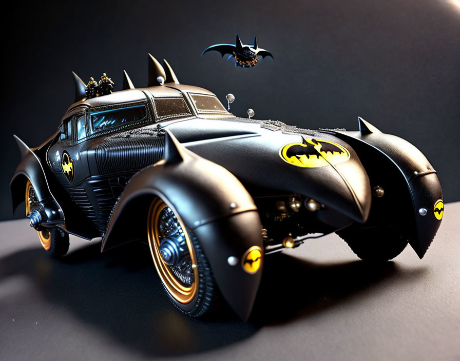 Detailed Black Batmobile Model with Batman Logos and Batwing Background