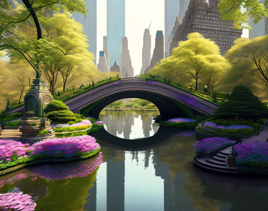 Tranquil park scene with lush greenery, bridge, flowers, and skyscrapers