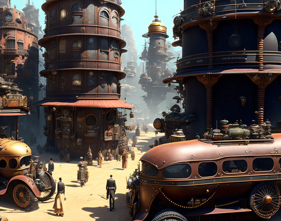 Steampunk Cityscape with Retro-Futuristic Buildings and Airships