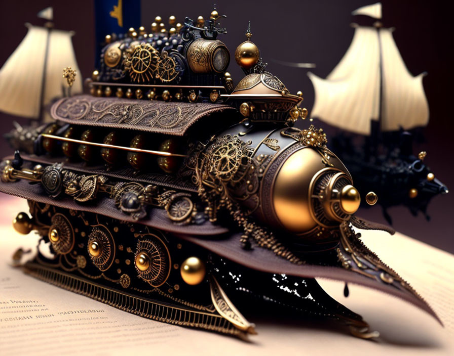 Intricate steampunk ship with vintage aesthetic and metallic details