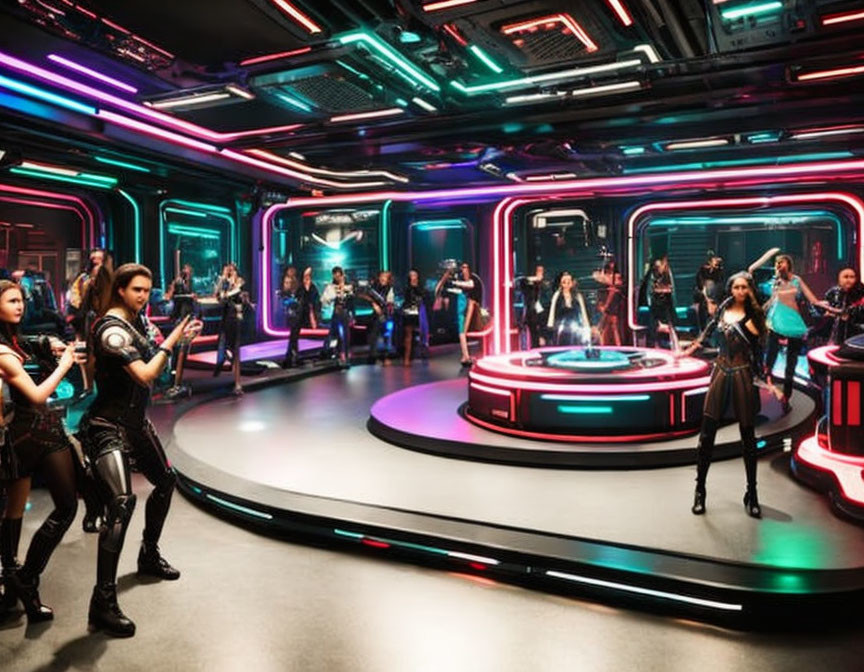 Vibrant futuristic club scene with neon lights and dancing.