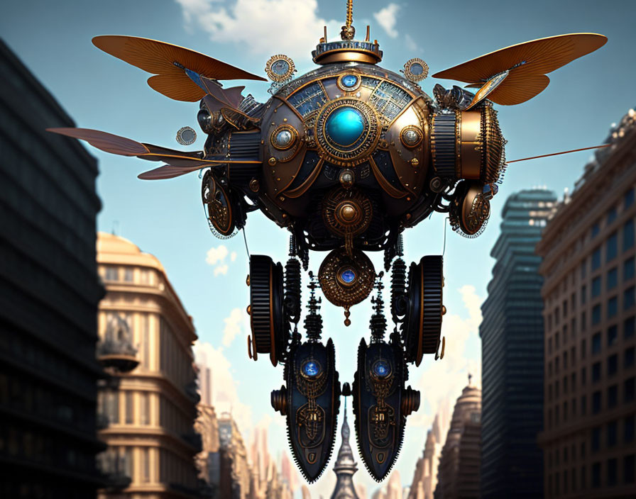 Ornate steampunk airship with golden gears and propellers among modern skyscrapers