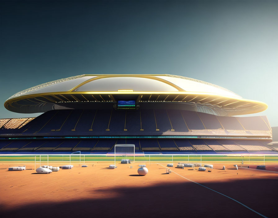 Modern stadium under sunlight, showcasing pitch, tracks, and empty seats