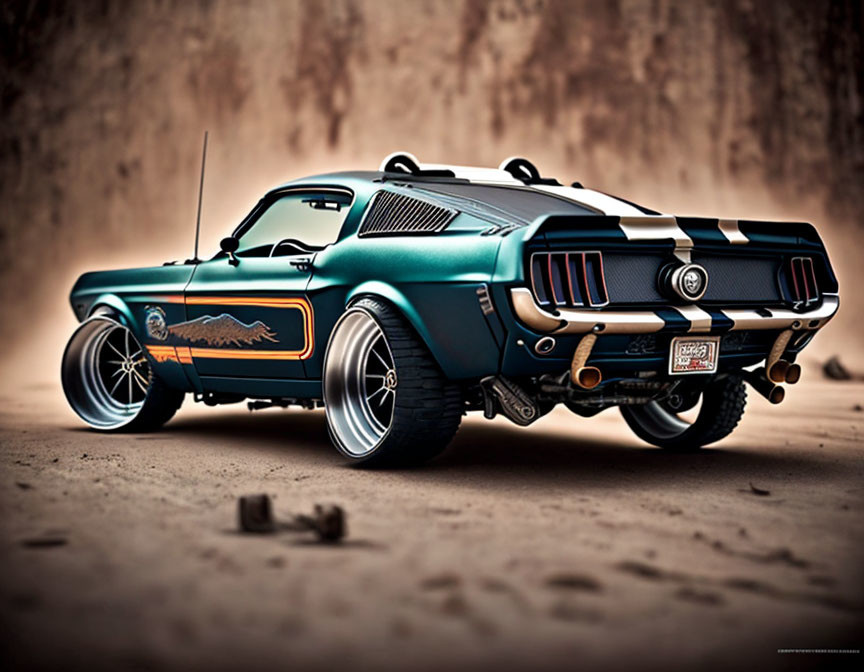 Vintage Teal Muscle Car with Racing Stripes and Custom Wheels on Tan Background