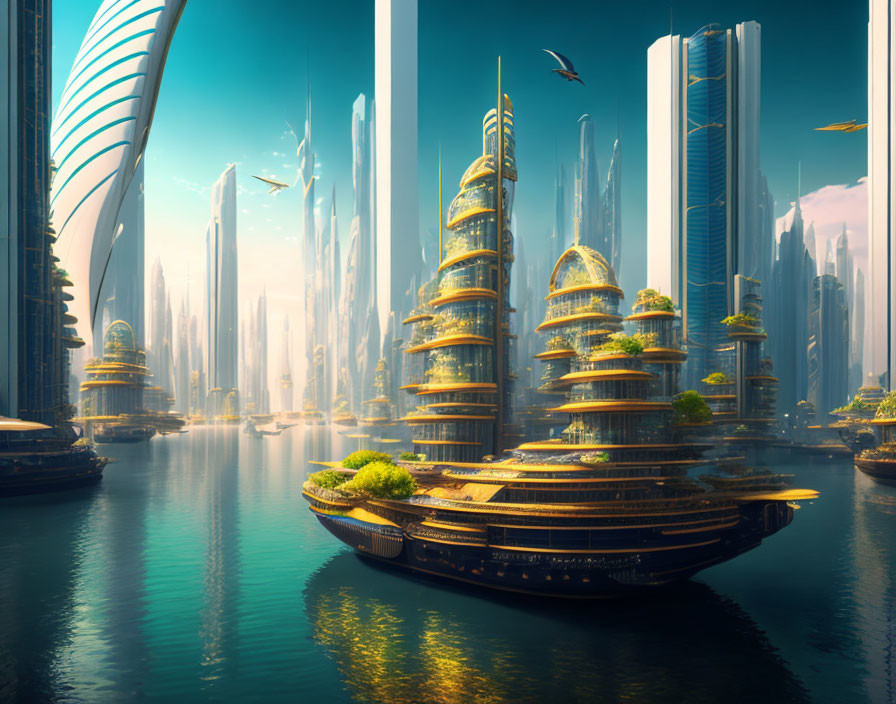 Futuristic cityscape with towering skyscrapers and lush green spaces