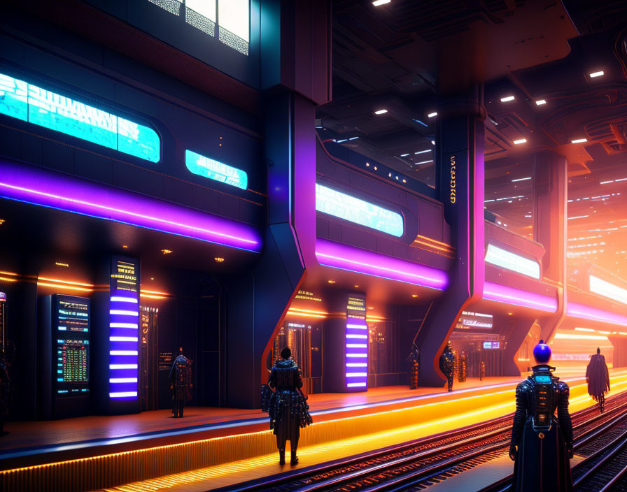 Futuristic Train Station with Neon Lights and Sci-Fi Outfits