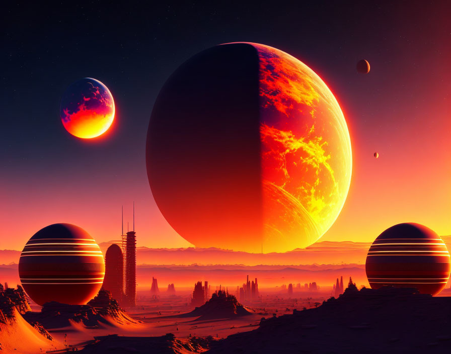 Alien world landscape with celestial bodies and glowing structures