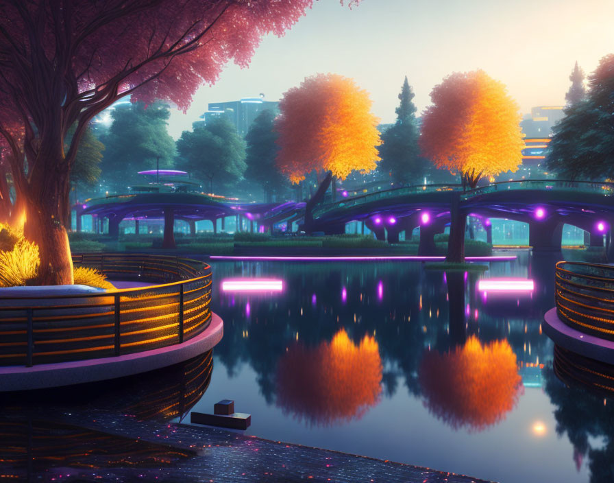 Tranquil park at dusk with vibrant purple lighting and autumn trees