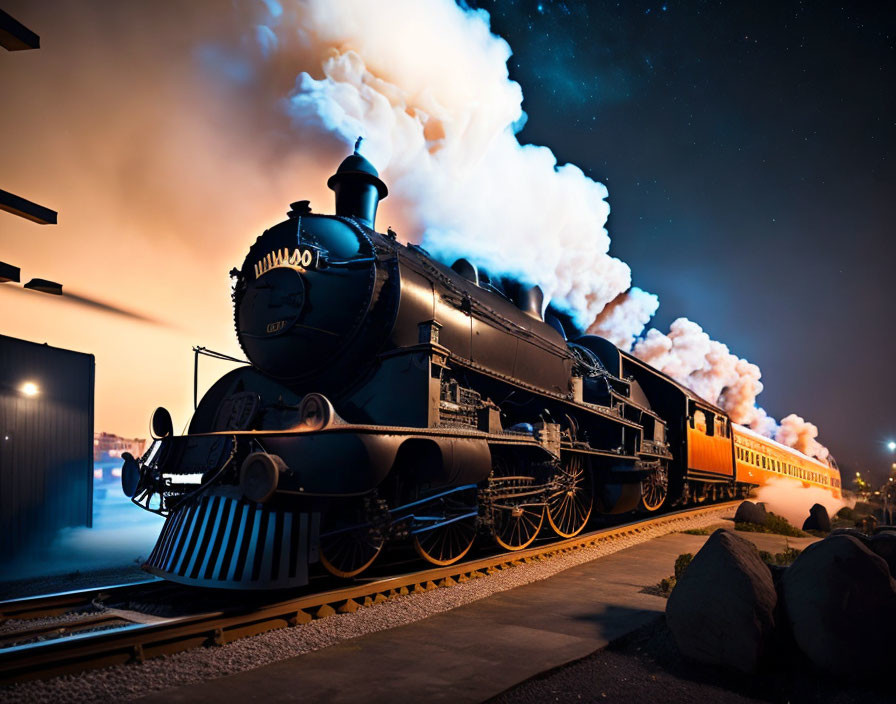 Vintage Steam Locomotive Emitting Steam at Night