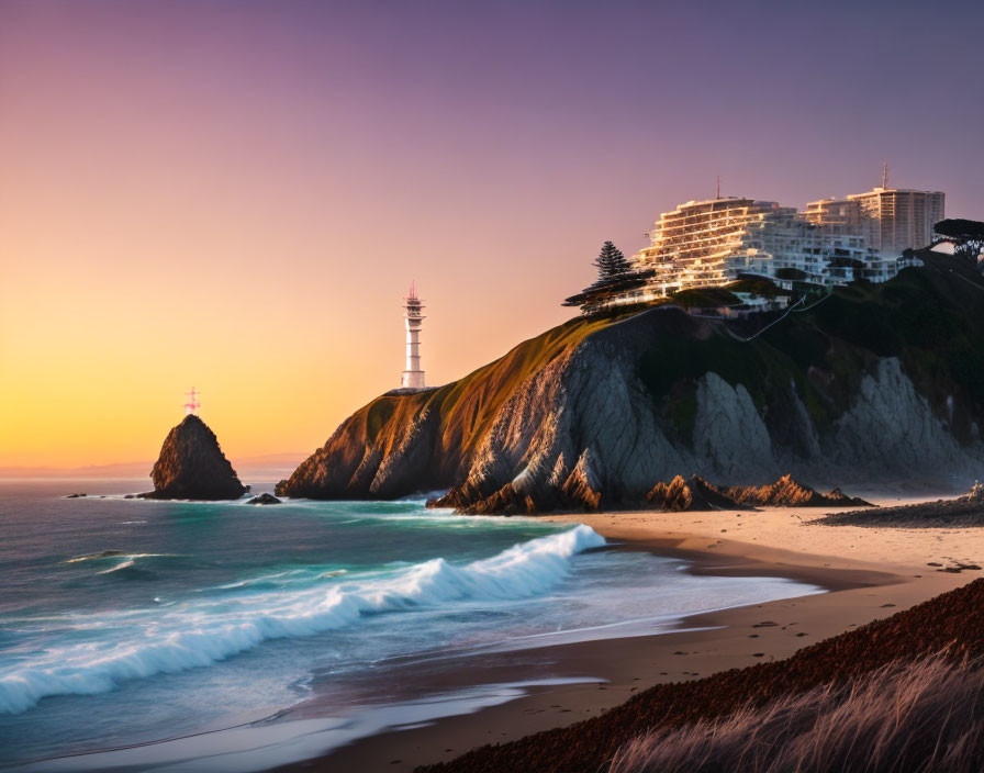 Coastal sunset with lighthouse, waves, and modern buildings