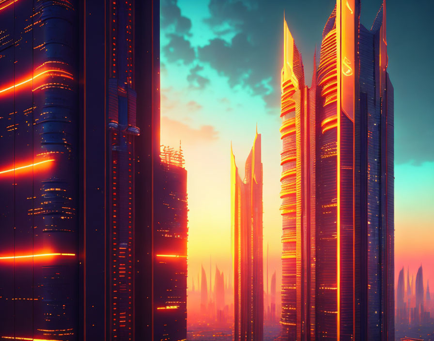 Glowing neon lights in futuristic city skyline