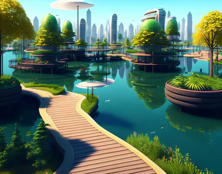 Futuristic cityscape with greenery, modern architecture, waterways, and wooden walkway