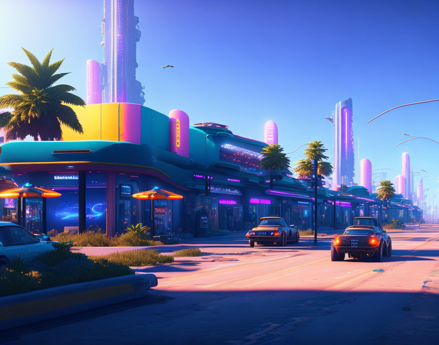 Neon-lit futuristic cityscape with palm trees and sleek cars