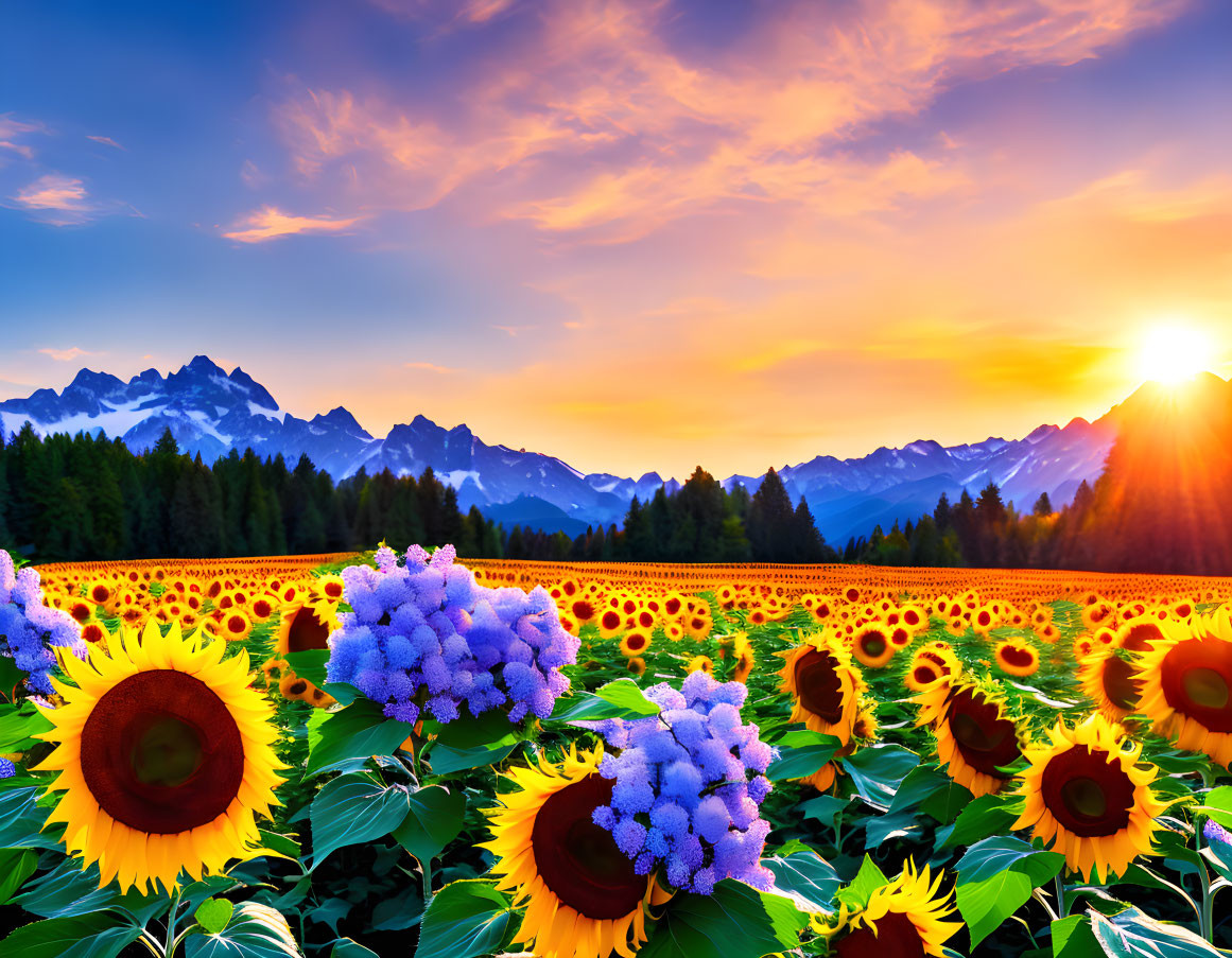 Scenic sunflower field at sunrise with mountains.