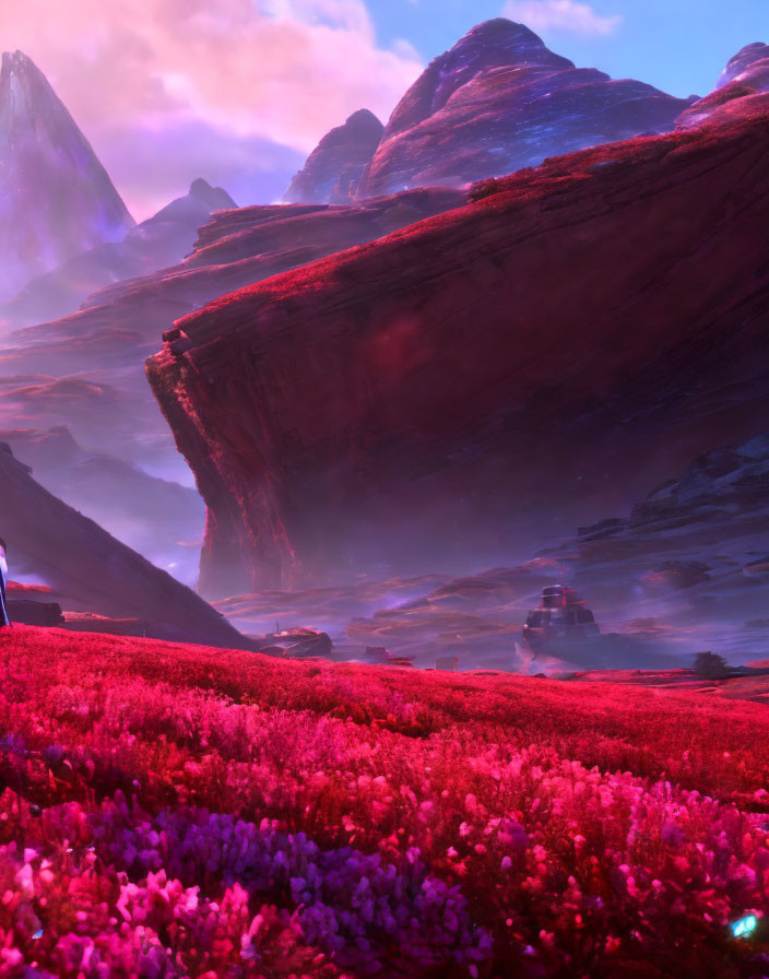 Colorful Alien Landscape with Purple Sky and Towering Mountains