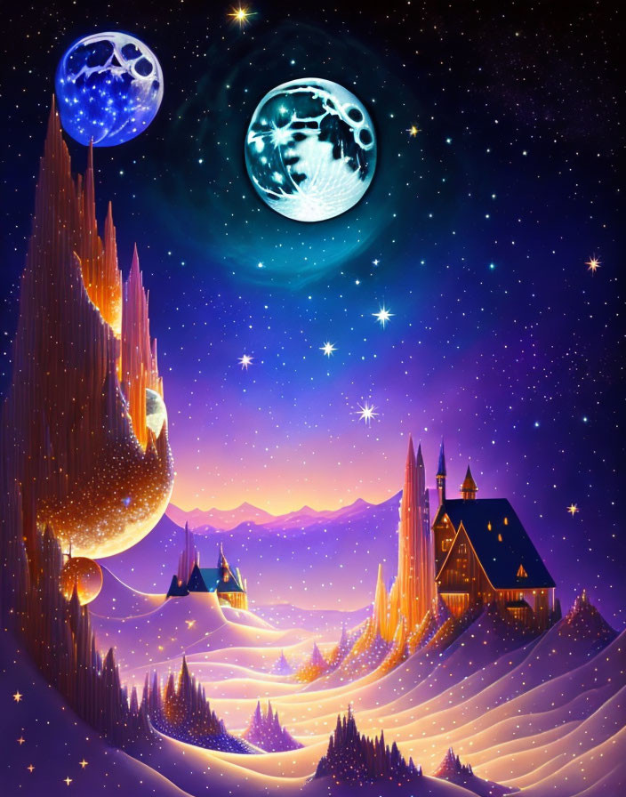 Colorful Glowing Mountains in Starry Sky with Two Moons and Cozy Village