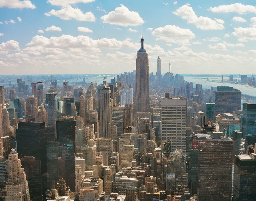 Bustling cityscape with skyscrapers and prominent buildings under a blue sky