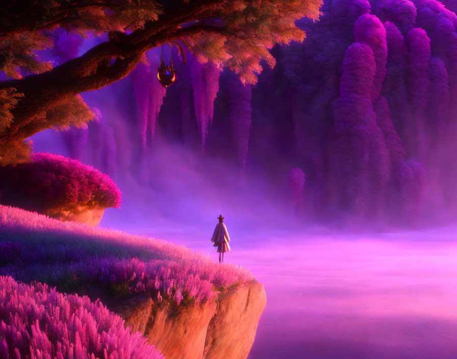 Solitary figure on cliff overlooking mystical purple forest at twilight