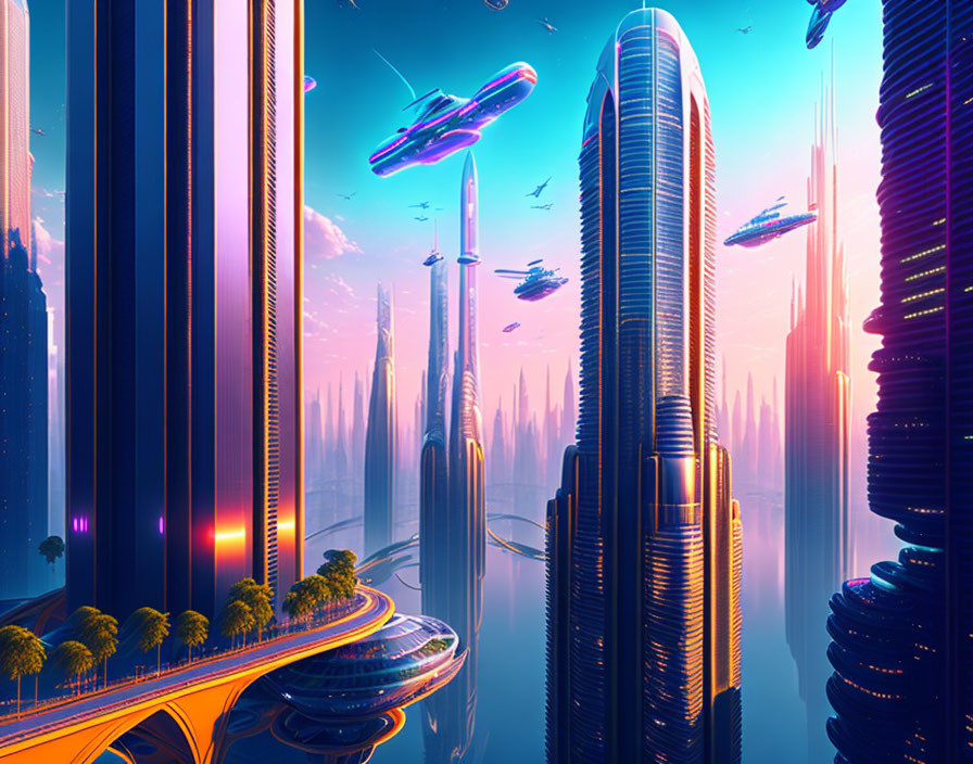 Vibrant futuristic cityscape with skyscrapers and flying vehicles.