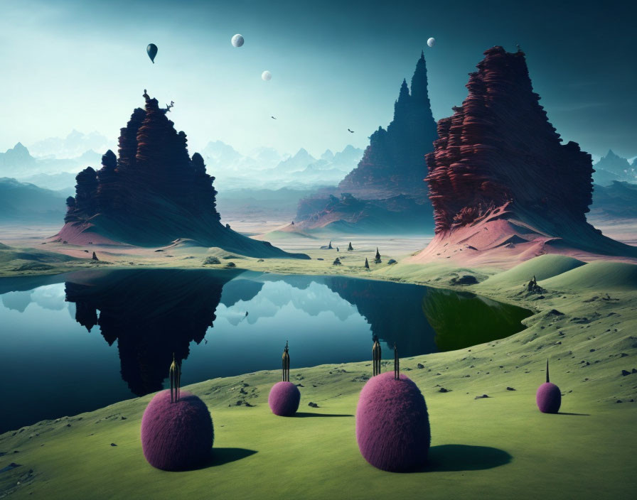 Surreal red rock formations, reflective lake, purple trees, and hot air balloons in serene sky