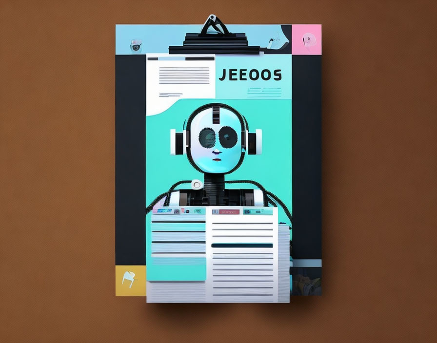 Illustration of robot face on clipboard with headphones, papers, and sticky notes on orange background