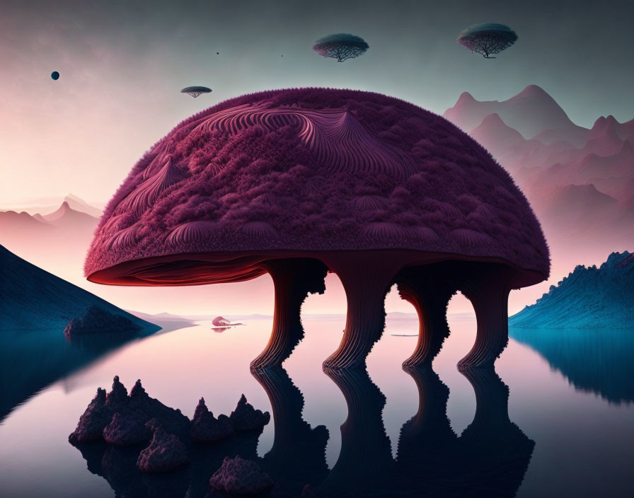 Gigantic purple mushroom in surreal landscape with moons and floating islands