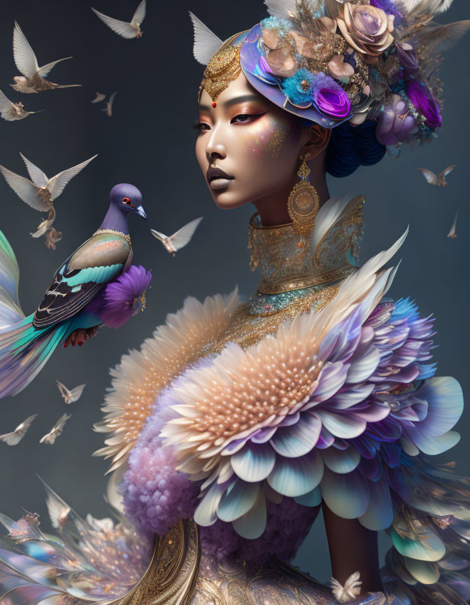 Woman in Feathered Garments with Flower Headpiece and Pigeon