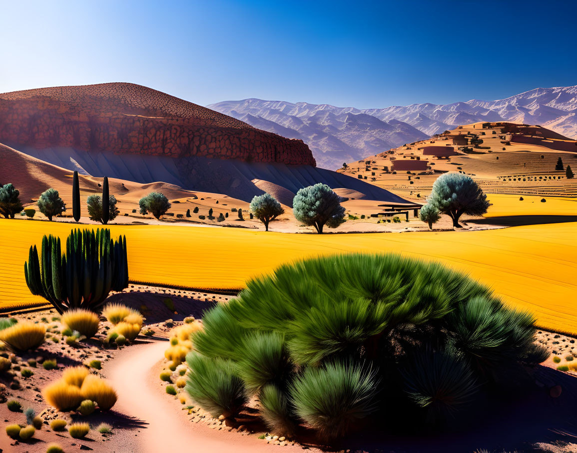 Vibrant desert landscape with dunes, greenery, and mountains