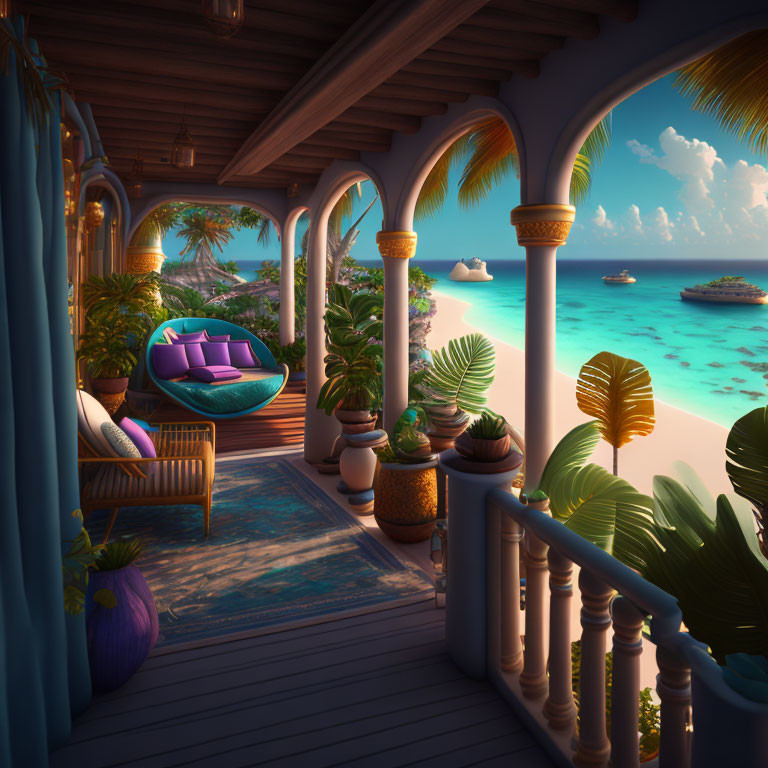 Seaside balcony with lush plants and cozy seating overlooking serene beach at sunset