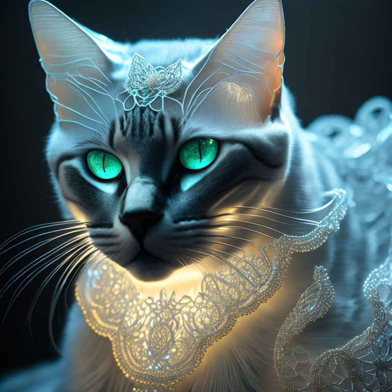 Silver Tabby Cat with Emerald Eyes and Lace Collar Crown