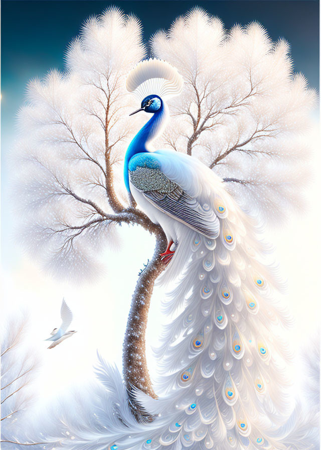 Majestic peacock with ornate tail on snowy branch under blue sky