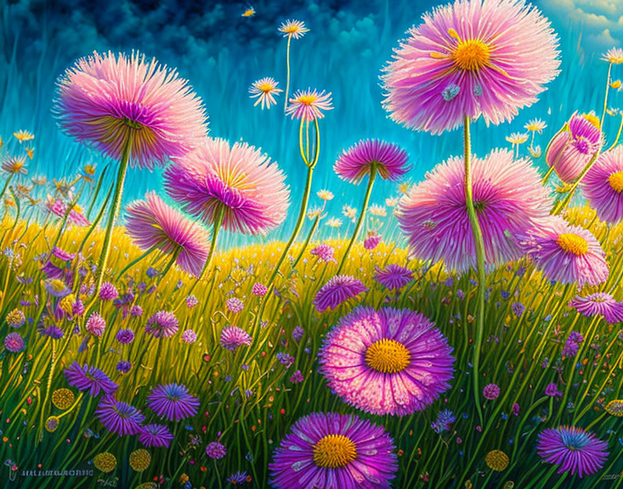 Colorful Field with Pink and Purple Flowers Against Blue Sky