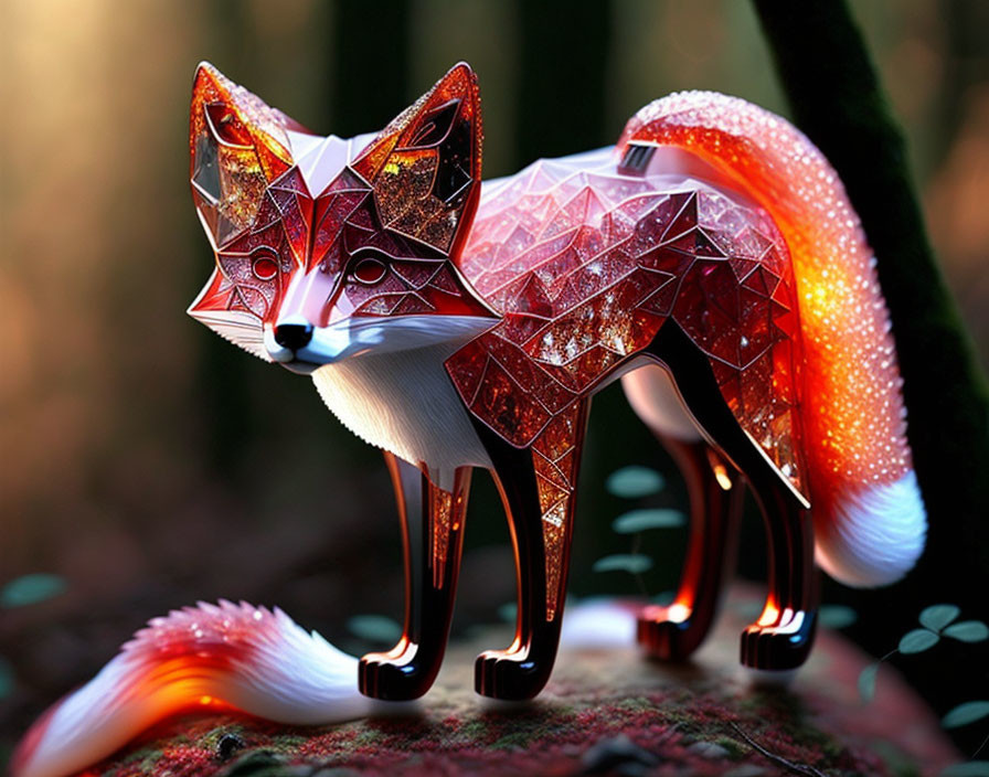 Stylized fox with geometric patterns in forest setting