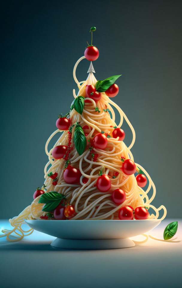 Festive Christmas tree pasta tower with cherry tomatoes and basil leaves Deep Dream Generator