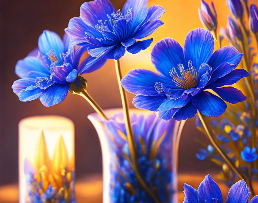 Vibrant blue flowers with delicate petals and prominent stamens in a vase with soft candlelight