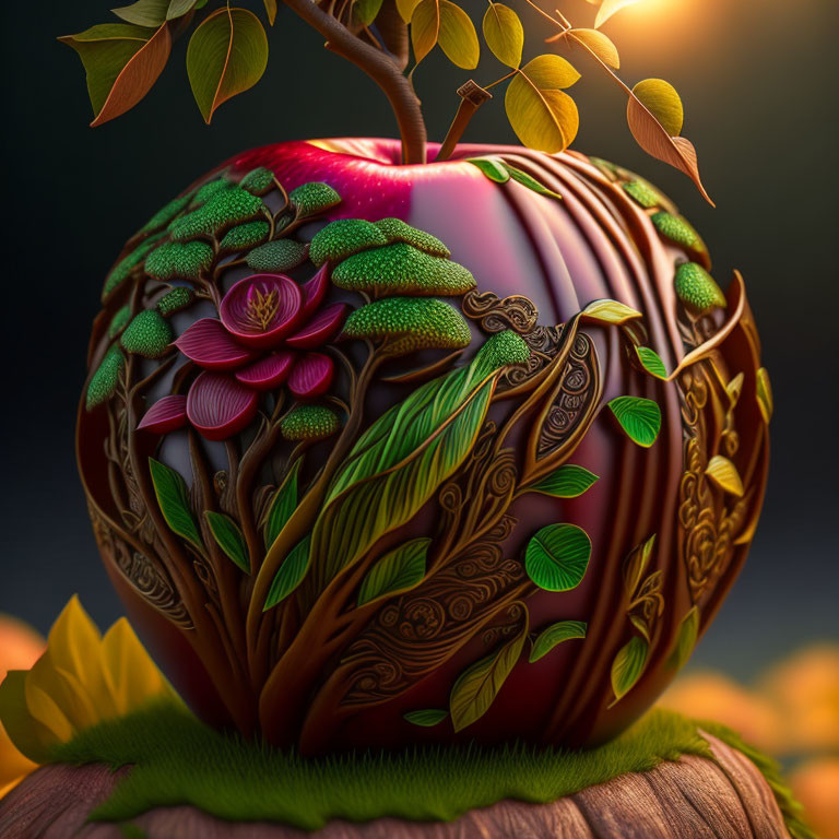 Vibrant floral-patterned apple on dark background