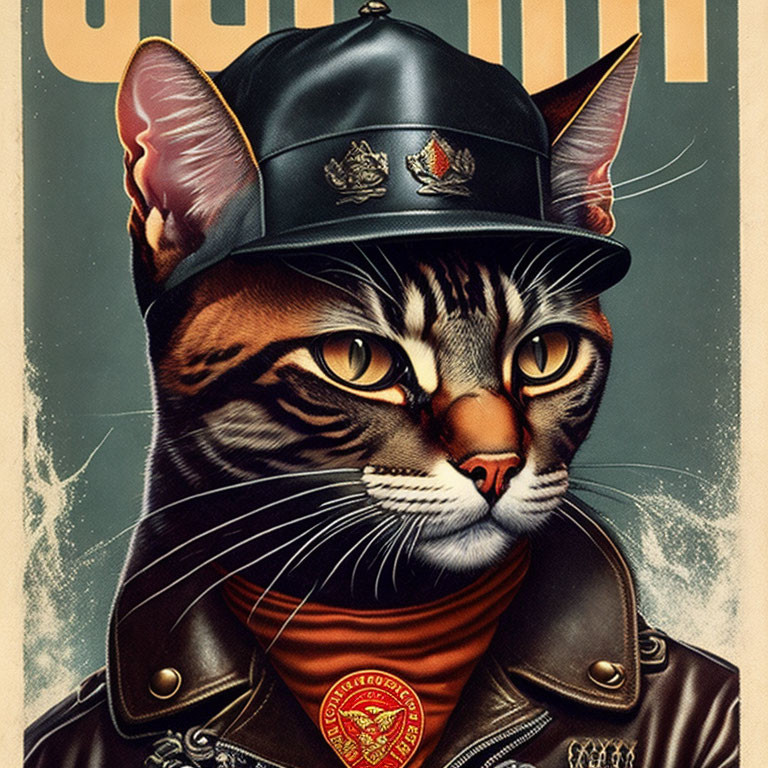 Cat illustration in leather jacket & police cap with "Motor Officer" emblem