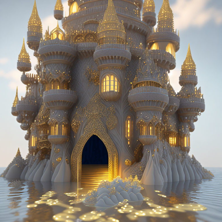 Ornate Castle with Golden Spires and Glowing Entrance at Twilight