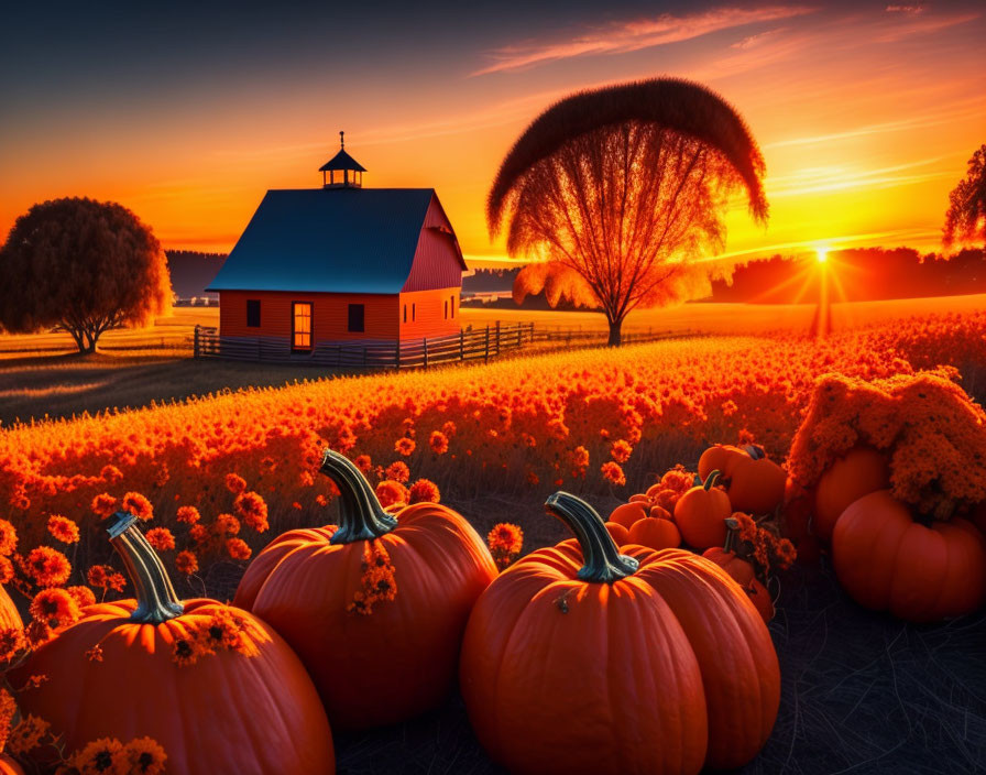 Vibrant orange sunset over pumpkin field and blue-roofed house