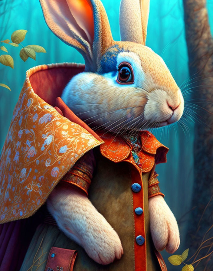 Anthropomorphic rabbit in orange coat with paisley collar in forest