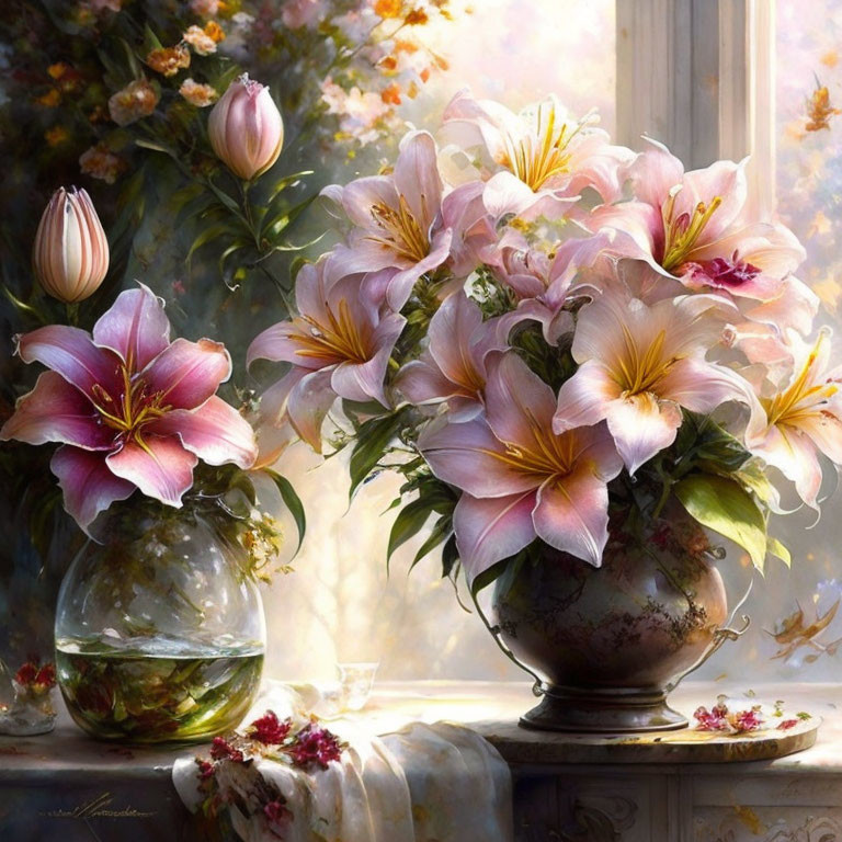 Pink lilies bouquet in classic vase on sunlit windowsill