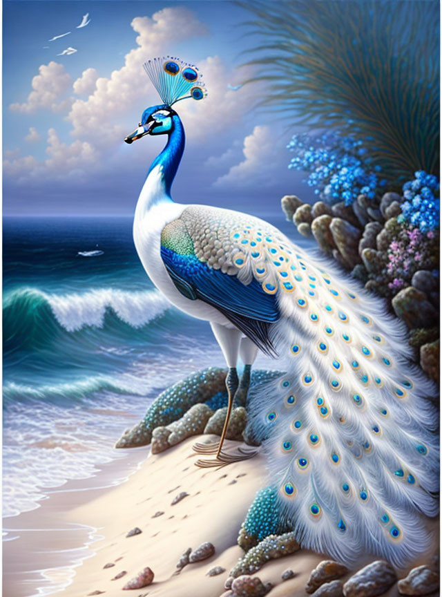 Colorful peacock illustration on beach with spread tail and waves - nature theme