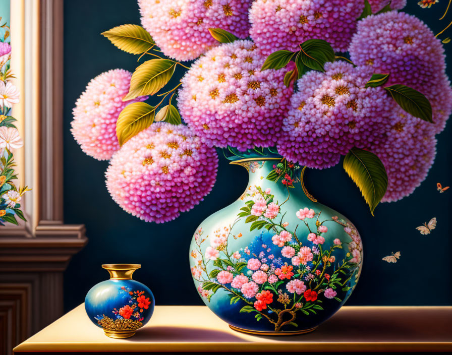 Vases with pink and orange flowers on a table against a dark blue wall with floral pattern.