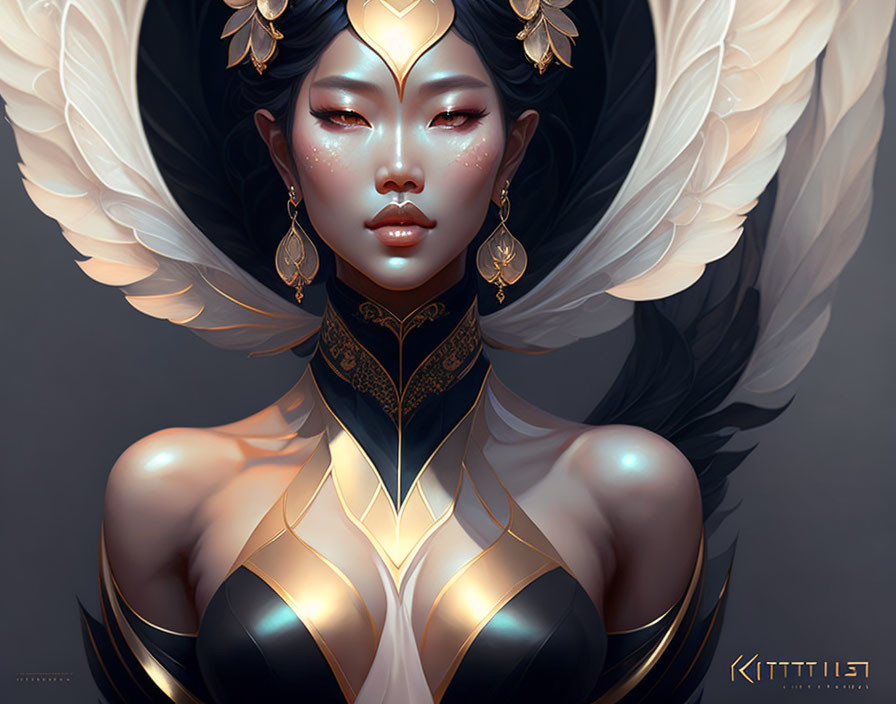 Mystical woman with white feathered wings and golden jewelry