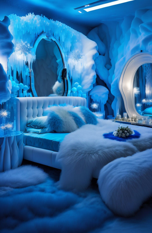 Luxurious Ice-Themed Bedroom with Blue Lighting and Fur-Covered Furniture