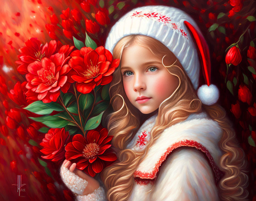 Blonde girl in white winter attire holding red flower among red blooms