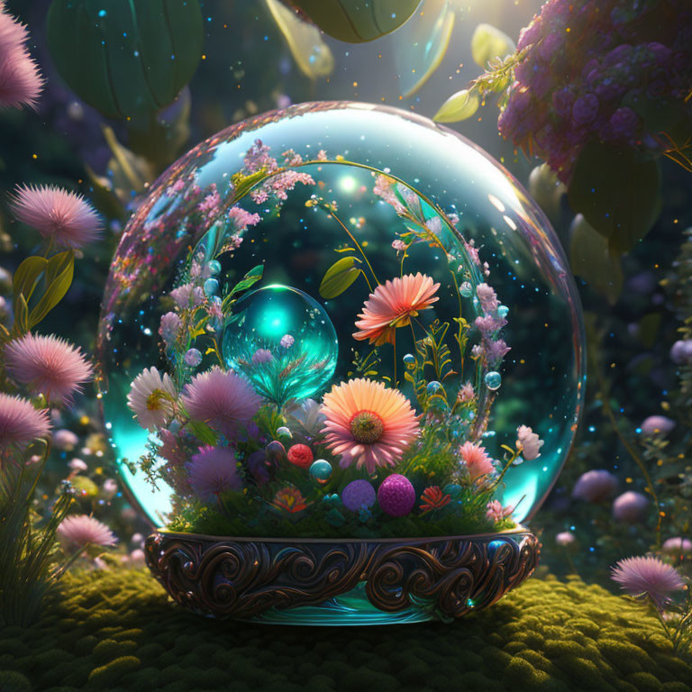 Colorful flowers and plants in a magical globe on ornate stand in enchanted forest