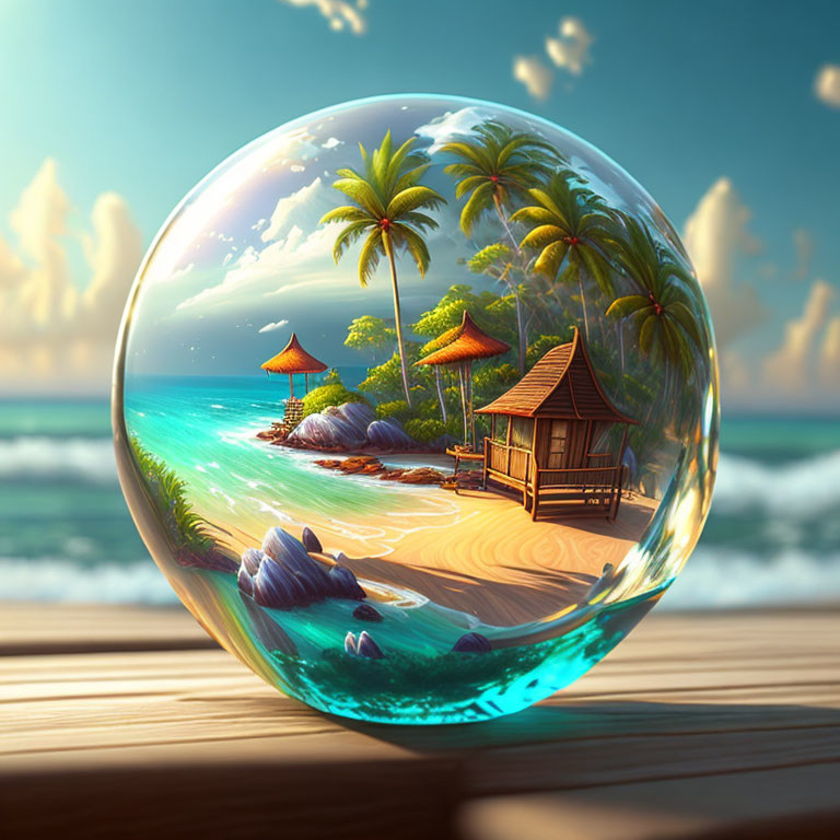 Tropical beach scene with huts and palm trees in a clear bubble on wooden surface