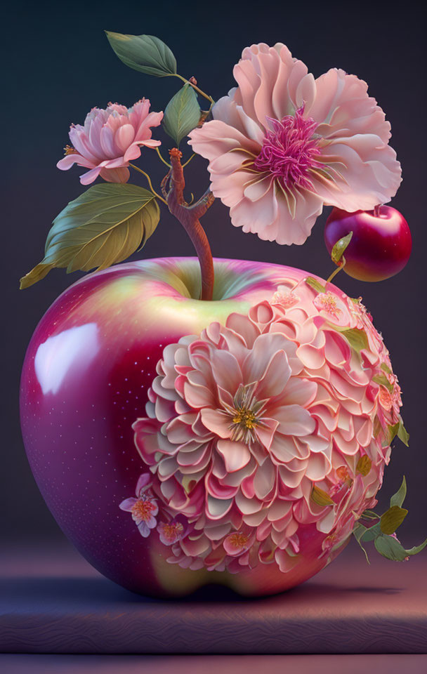 Digital artwork: Large apple adorned with pink flowers and cherry