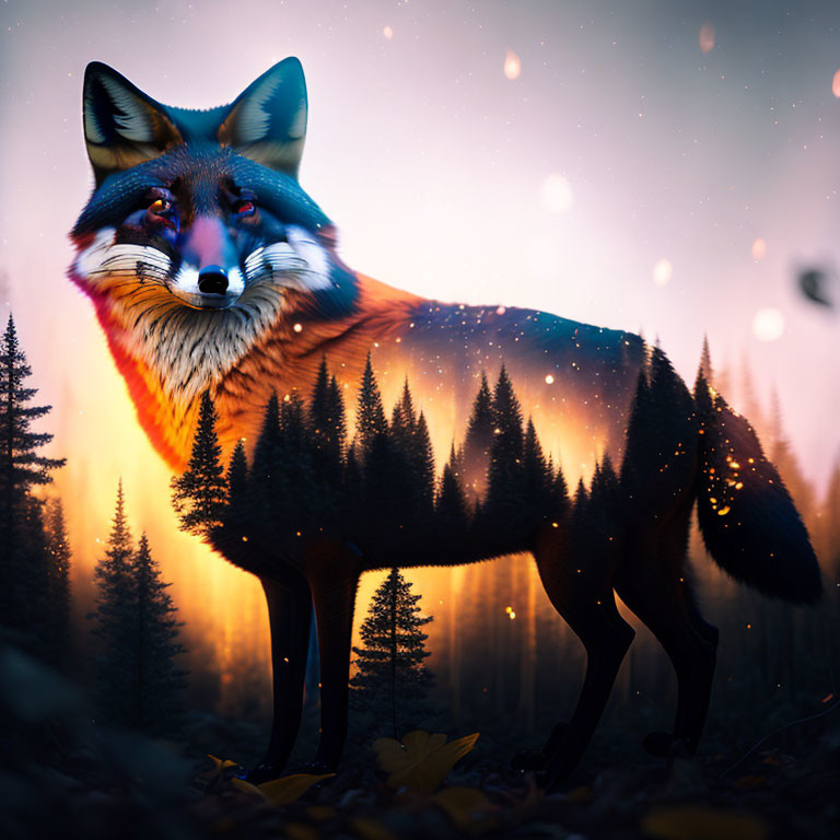 Fox with forest landscape and sunset sky on body in misty environment.